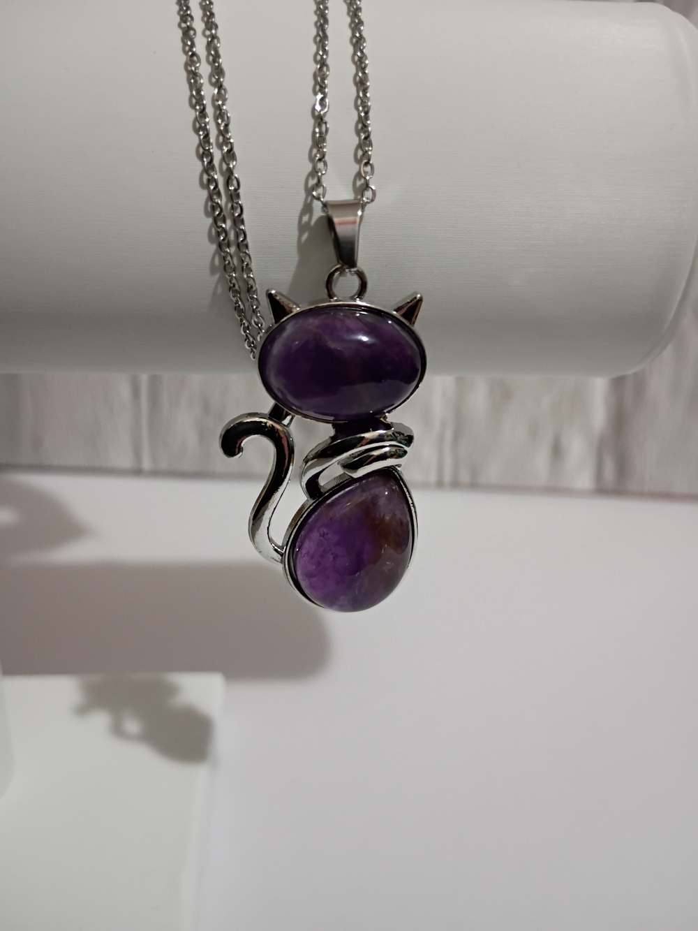 Amethyst Natural Crystal Gemstone Cat Pendant Necklace Stainless Steel 17-in